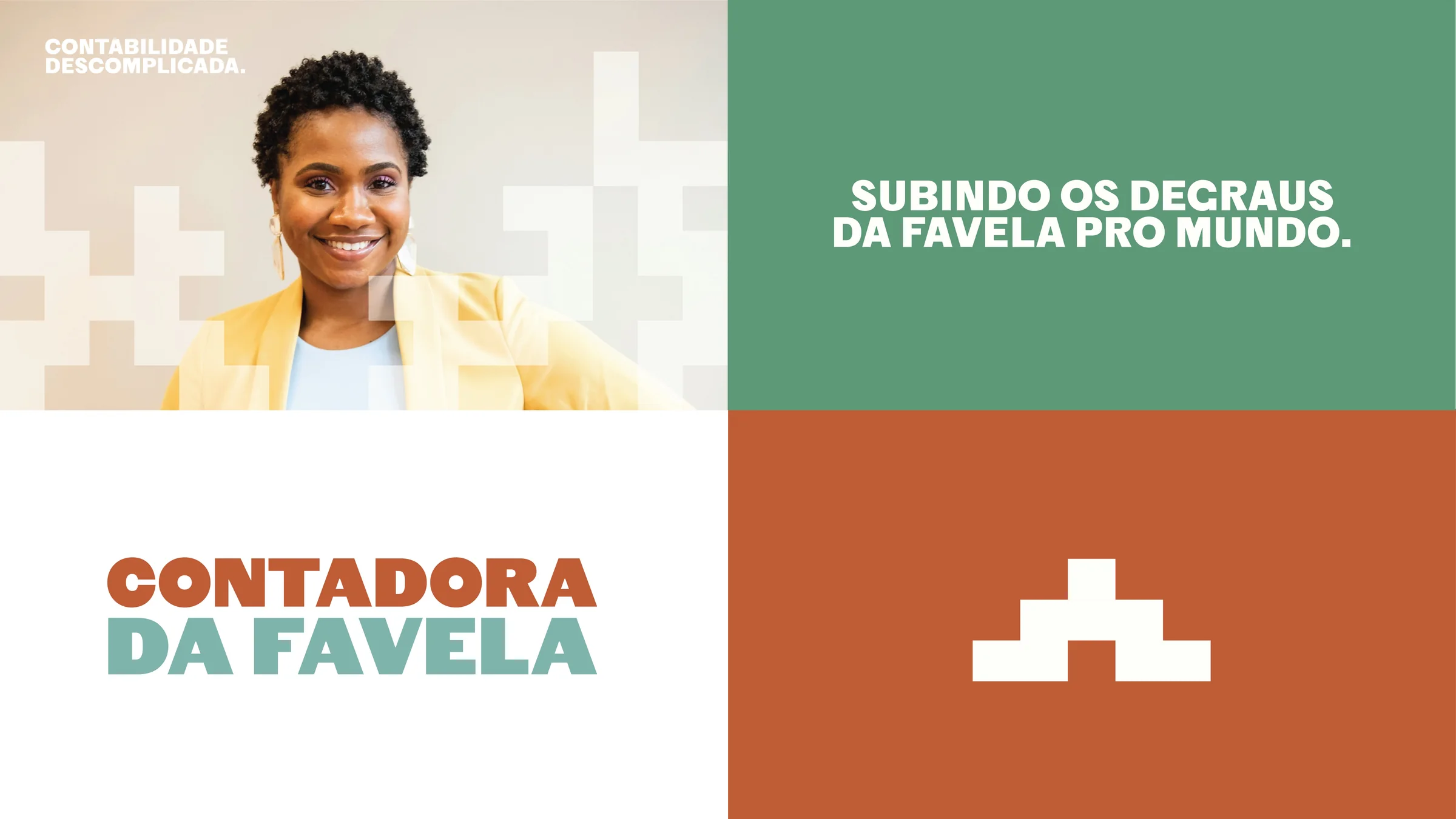 Contadora da Favela brand board: photo, slogan, logo and stair symbol