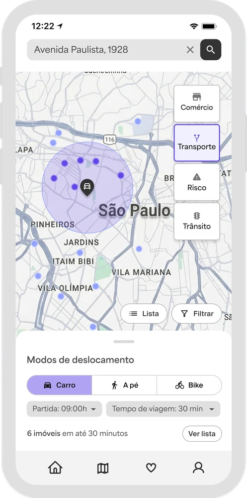 Reach area set on Avenida Paulista showing 6 homes within 30 minutes